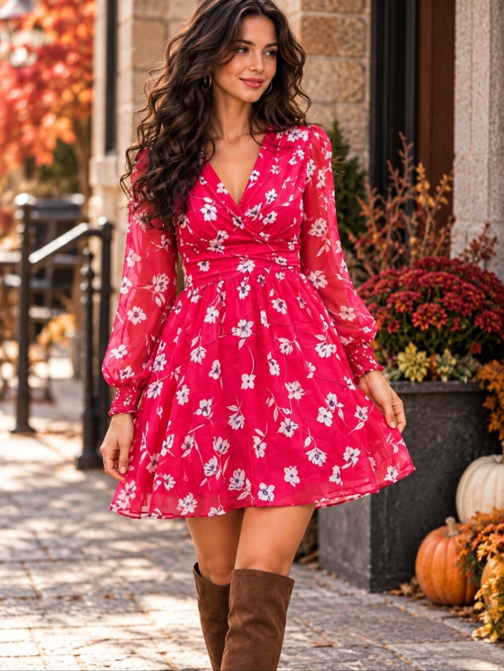 NWT Red Floral Chiffon Mini Dress Plunge V Neck Smocked Fairycore Flowy Sz S